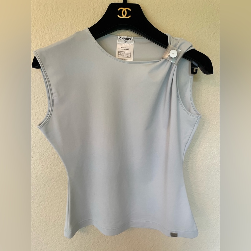 CHANEL light blue top with logo on strap - Size 40